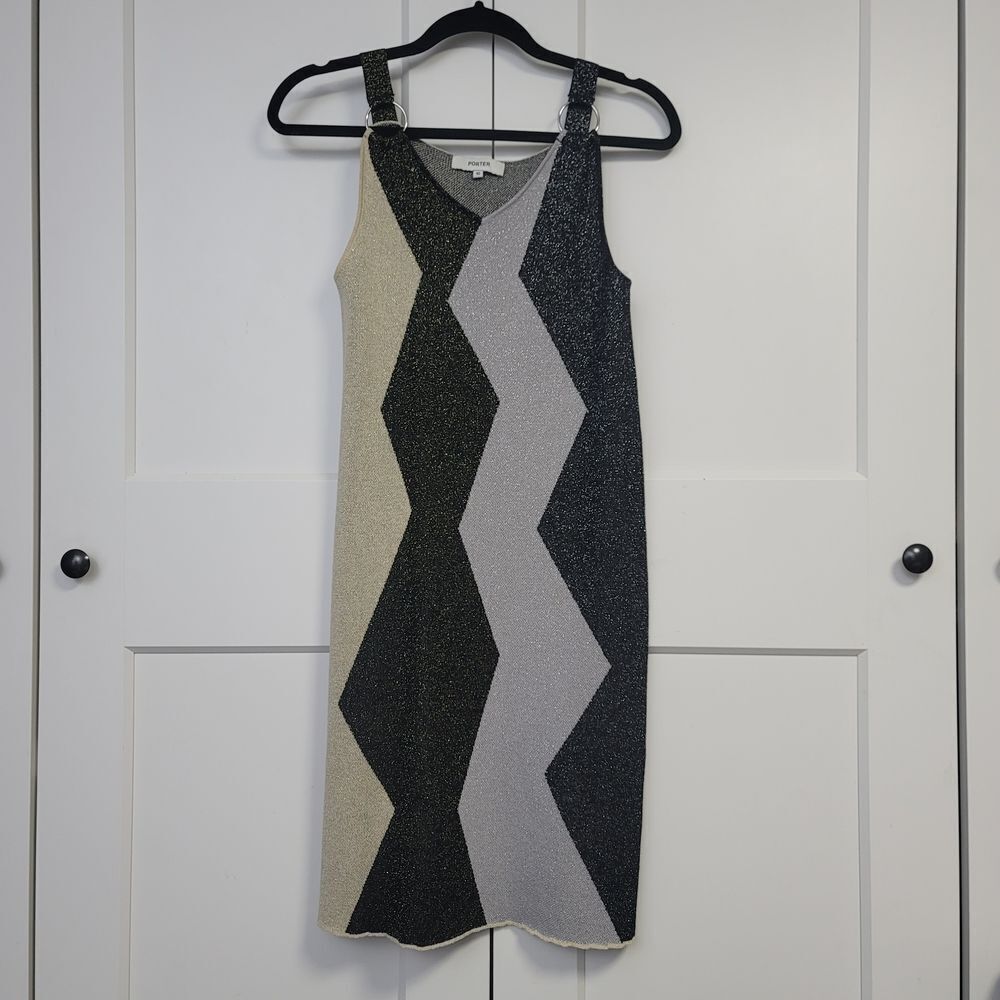 Porter Black, Beige, And Silver Metalloc Chevron Zigzag Knit Mini Dress